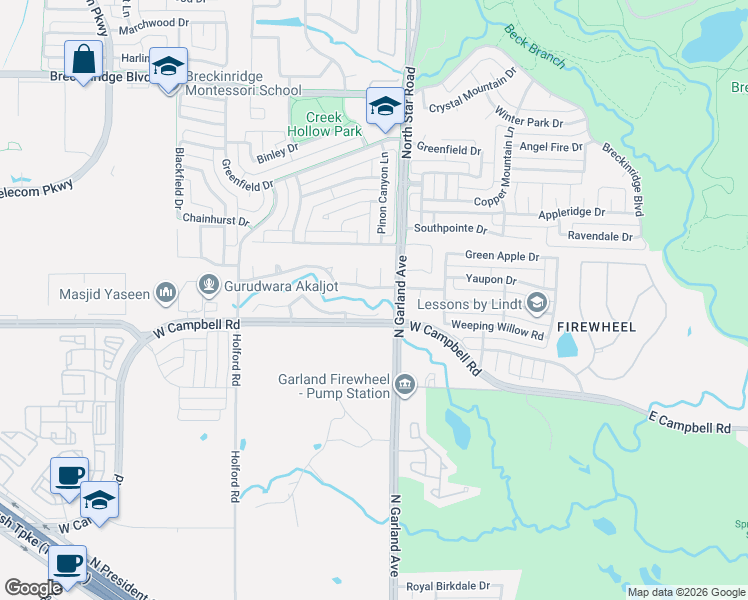 map of restaurants, bars, coffee shops, grocery stores, and more near 1014 Creekwood Drive in Garland