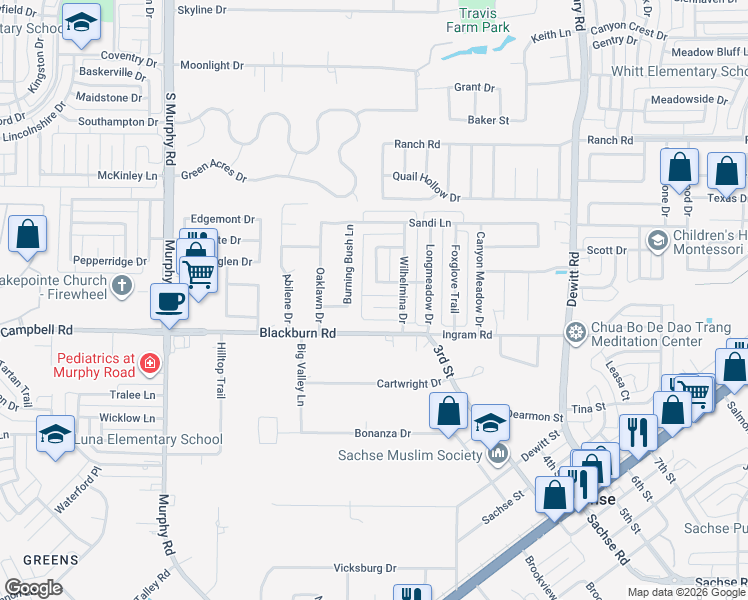 map of restaurants, bars, coffee shops, grocery stores, and more near 1909 Cottonwood Street in Sachse