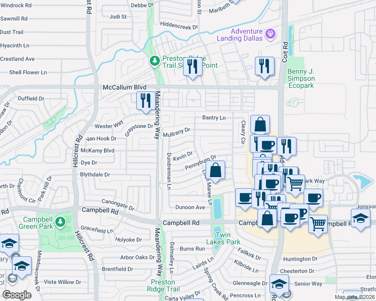 map of restaurants, bars, coffee shops, grocery stores, and more near 7627 Kevin Drive in Dallas