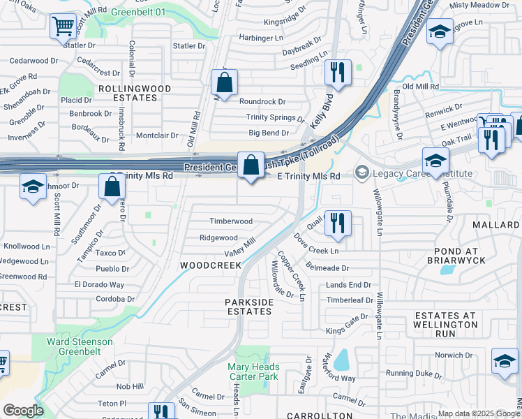 map of restaurants, bars, coffee shops, grocery stores, and more near 2264 Woodcreek in Carrollton
