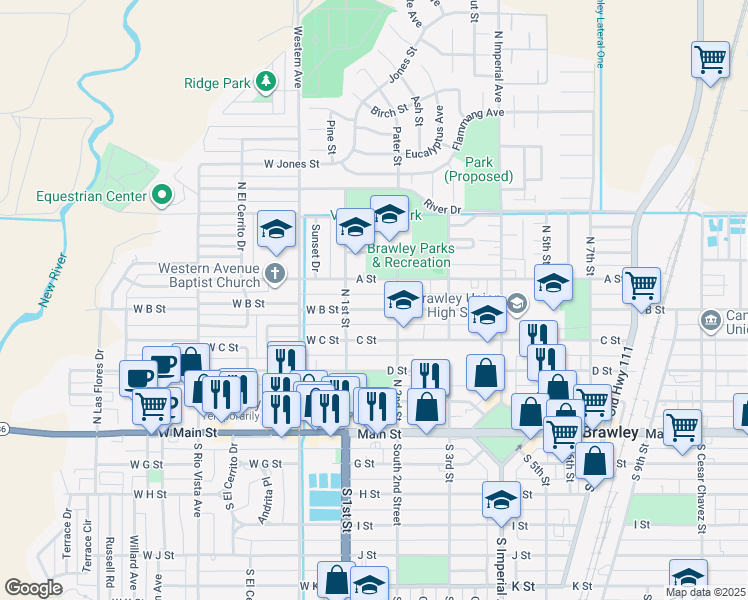 map of restaurants, bars, coffee shops, grocery stores, and more near 149 B St in Brawley