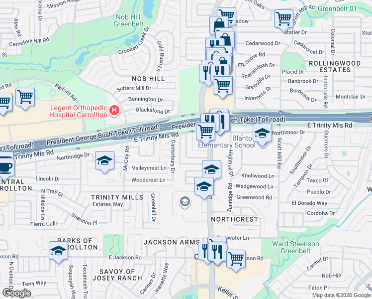 map of restaurants, bars, coffee shops, grocery stores, and more near Hawthorne Drive in Carrollton