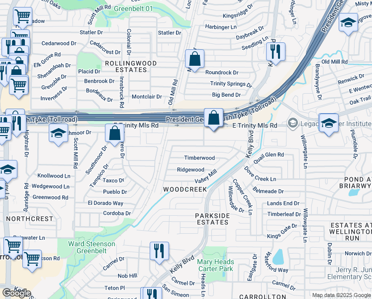map of restaurants, bars, coffee shops, grocery stores, and more near 2240 Woodcreek in Carrollton