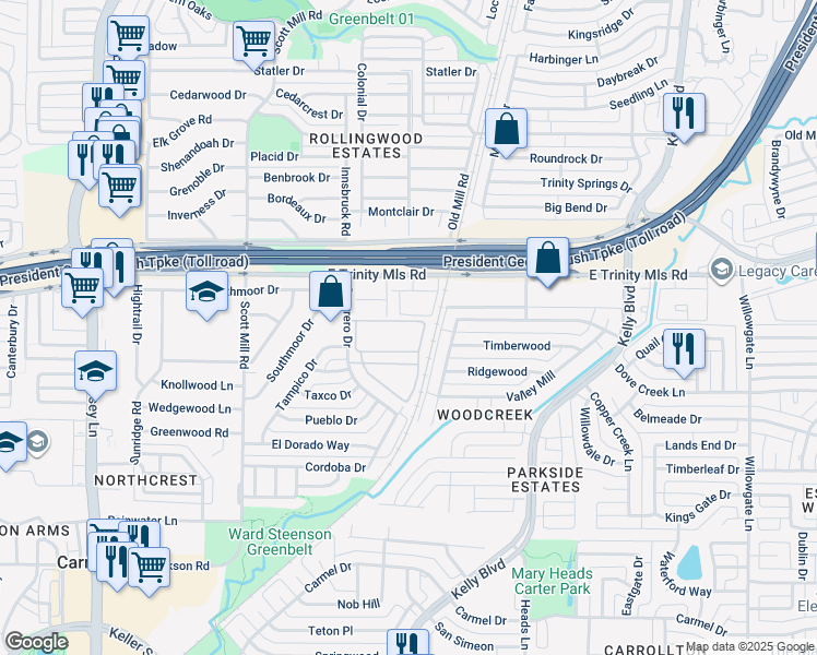 map of restaurants, bars, coffee shops, grocery stores, and more near 2500 Guerrero Drive in Carrollton