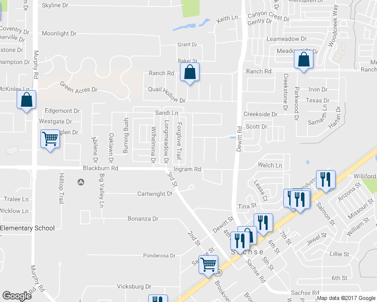 map of restaurants, bars, coffee shops, grocery stores, and more near 6807 Canyon Meadow Drive in Sachse