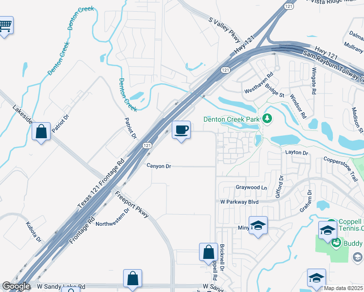 map of restaurants, bars, coffee shops, grocery stores, and more near 750 Canyon Drive in Coppell