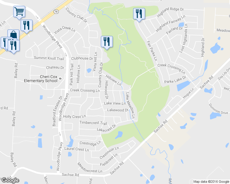 map of restaurants, bars, coffee shops, grocery stores, and more near 6918 Holly Hills Lane in Sachse