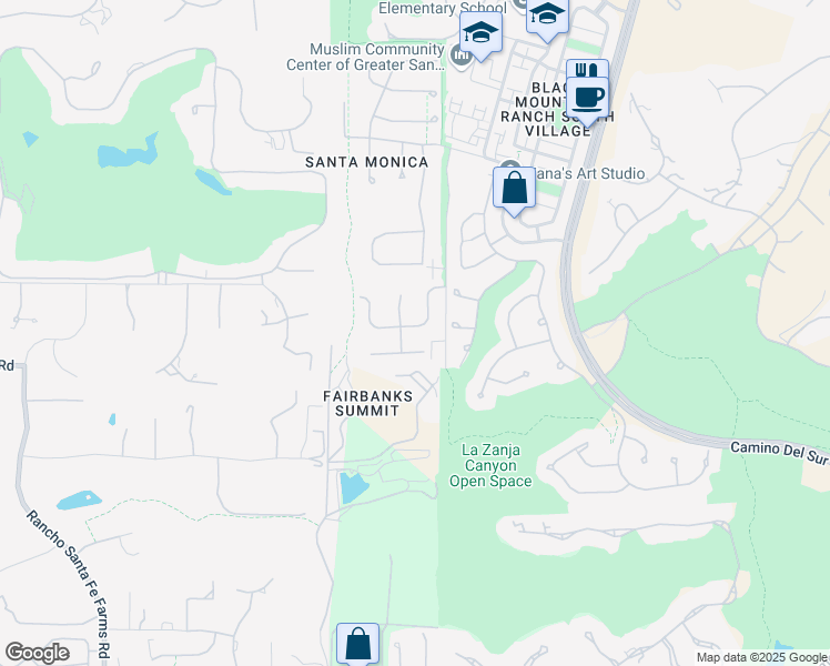 map of restaurants, bars, coffee shops, grocery stores, and more near 7399 Rancho Cabrillo Trail in San Diego