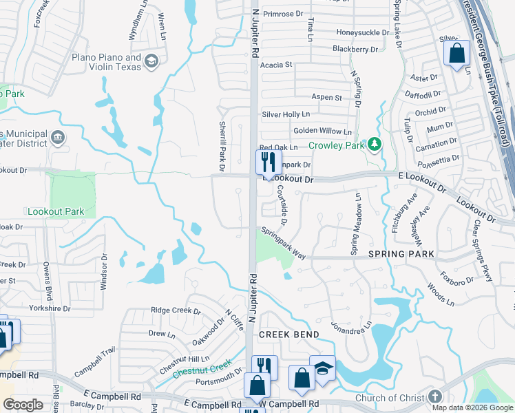map of restaurants, bars, coffee shops, grocery stores, and more near 3458 Forest Hills Circle in Garland