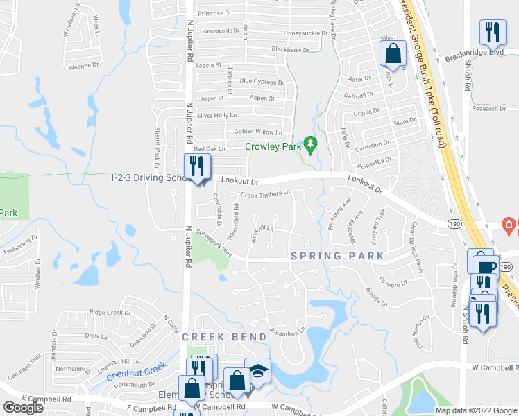 map of restaurants, bars, coffee shops, grocery stores, and more near 7514 Vista Ridge Court in Garland
