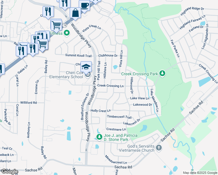 map of restaurants, bars, coffee shops, grocery stores, and more near 6914 Falcon Crest Lane in Sachse
