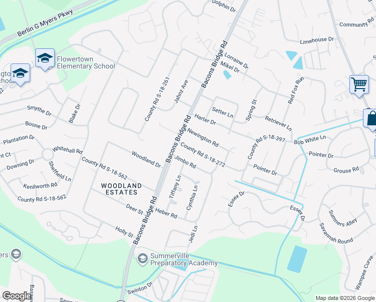 map of restaurants, bars, coffee shops, grocery stores, and more near 106 County Road S-18-272 in Summerville