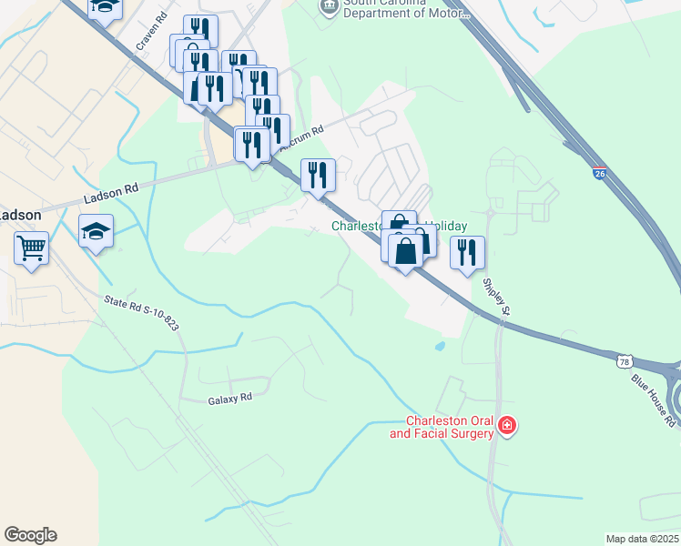 map of restaurants, bars, coffee shops, grocery stores, and more near 9525 Highway 78 in Ladson