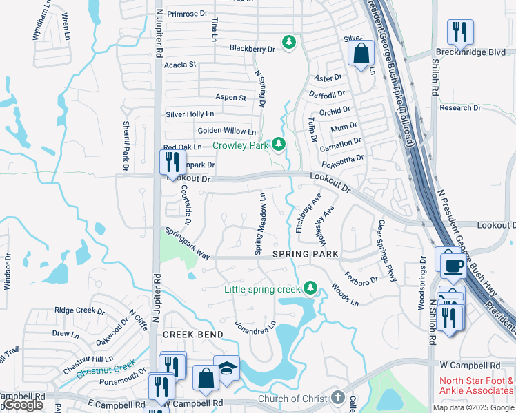 map of restaurants, bars, coffee shops, grocery stores, and more near 7514 Cottonwood Court in Garland