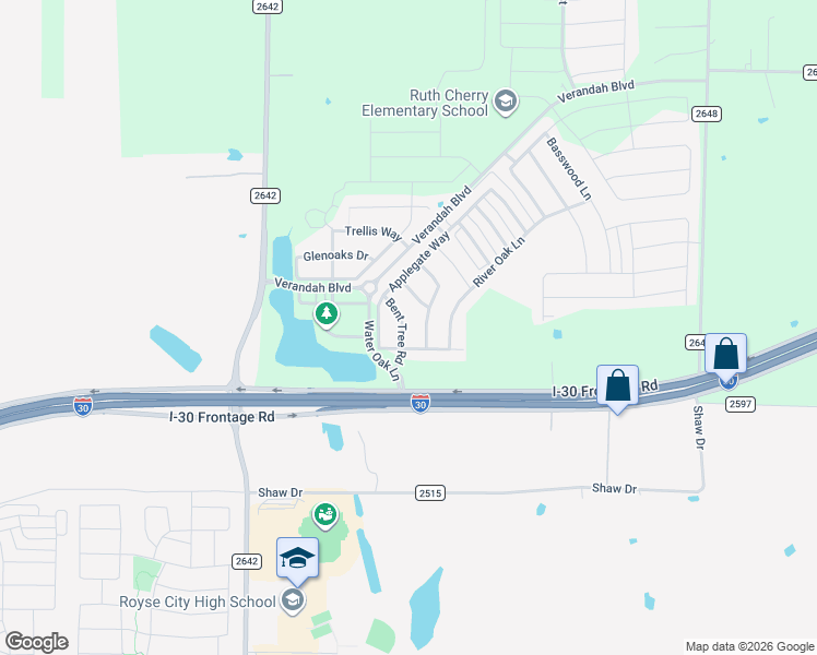 map of restaurants, bars, coffee shops, grocery stores, and more near 1116 Bent Tree Road in Royse City
