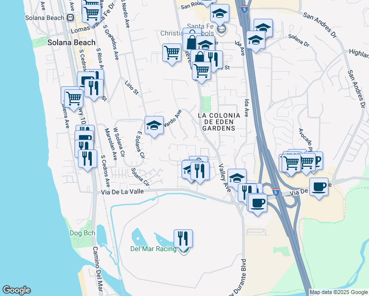 map of restaurants, bars, coffee shops, grocery stores, and more near 465 Bay Meadows Way in Solana Beach
