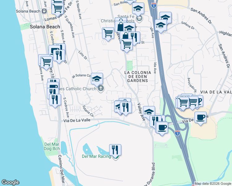 map of restaurants, bars, coffee shops, grocery stores, and more near 465 Bay Meadows Way in Solana Beach