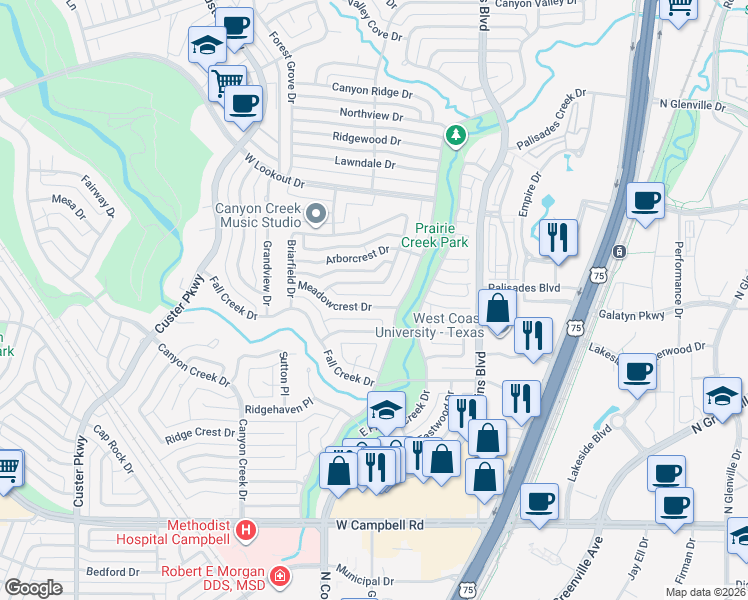 map of restaurants, bars, coffee shops, grocery stores, and more near 306 Meadowcrest Drive in Richardson