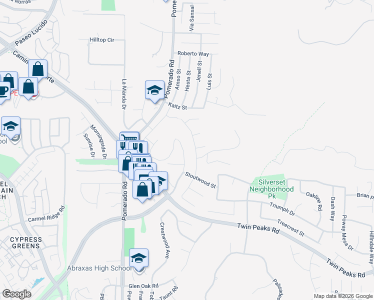 map of restaurants, bars, coffee shops, grocery stores, and more near 14815 Deerwood Street in Poway