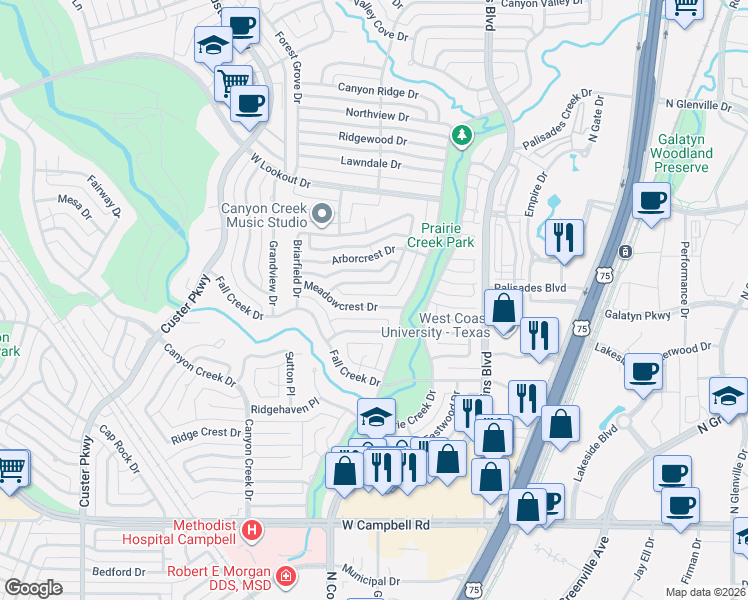 map of restaurants, bars, coffee shops, grocery stores, and more near 306 Meadowcrest Dr in Richardson