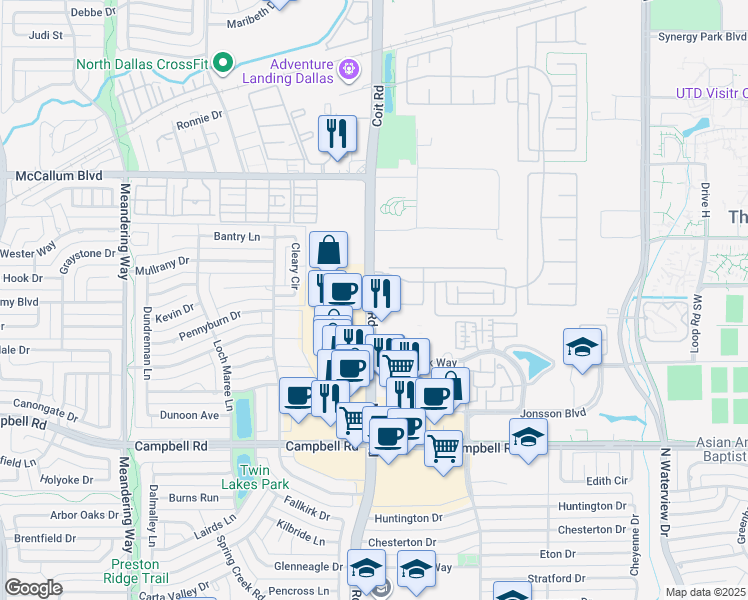 map of restaurants, bars, coffee shops, grocery stores, and more near 3096 North Coit Road in Richardson