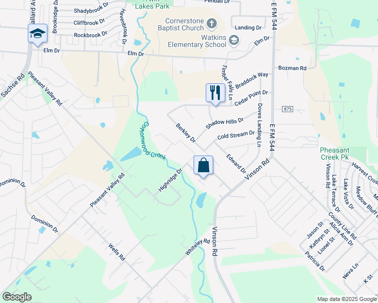 map of restaurants, bars, coffee shops, grocery stores, and more near 1100 West Drive in Wylie