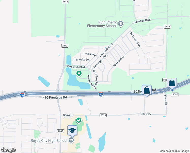 map of restaurants, bars, coffee shops, grocery stores, and more near 1116 Bent Tree Road in Royse City