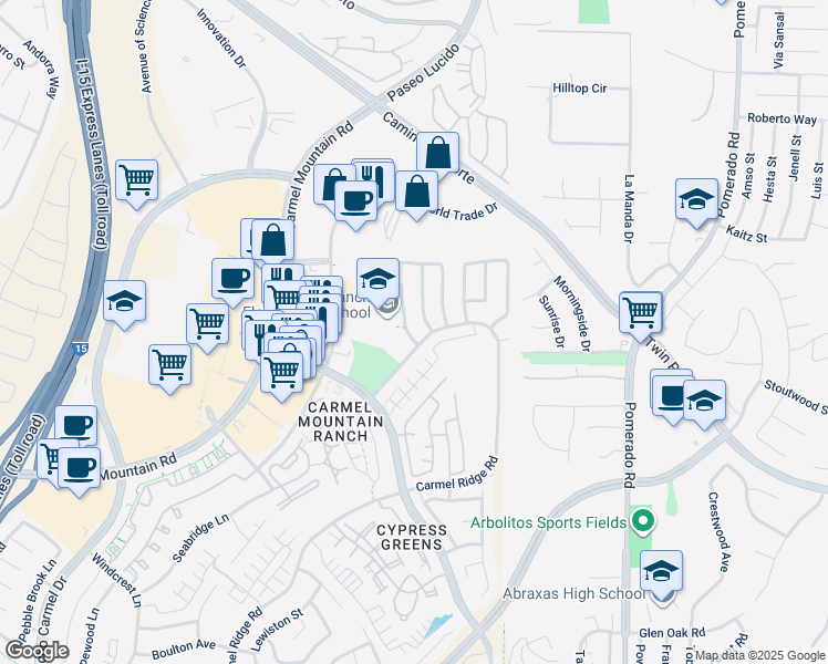 map of restaurants, bars, coffee shops, grocery stores, and more near 14813 Waverly Downs Way in San Diego