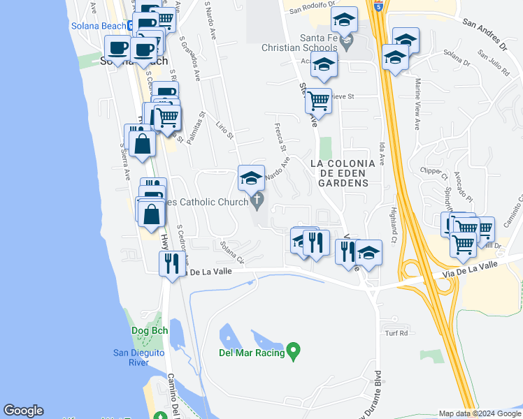map of restaurants, bars, coffee shops, grocery stores, and more near 625 South Nardo Avenue in Solana Beach
