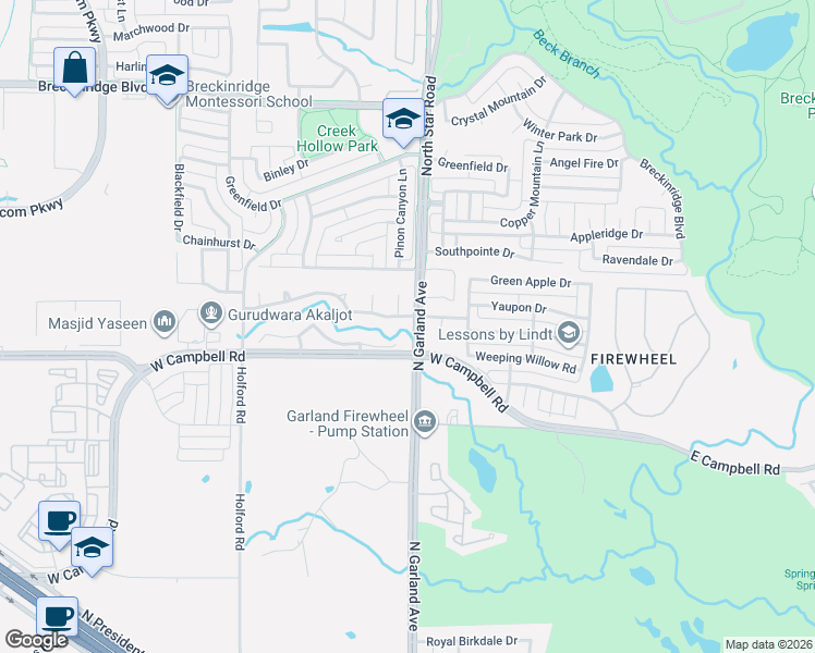 map of restaurants, bars, coffee shops, grocery stores, and more near 1014 Creekwood Drive in Garland