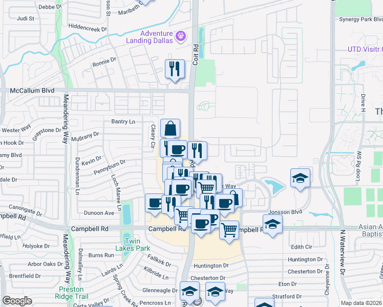 map of restaurants, bars, coffee shops, grocery stores, and more near 3096 North Coit Road in Richardson