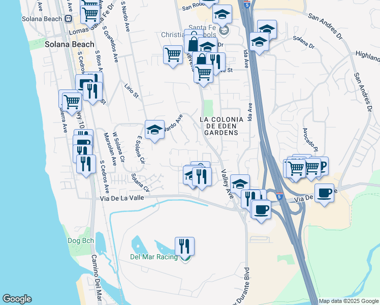 map of restaurants, bars, coffee shops, grocery stores, and more near 469 Bay Meadows Way in Solana Beach