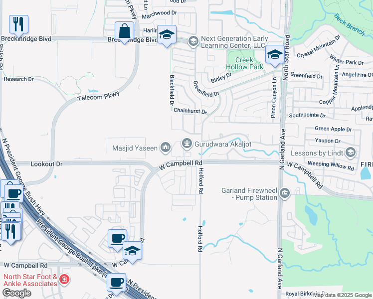 map of restaurants, bars, coffee shops, grocery stores, and more near 1401 West Campbell Road in Garland