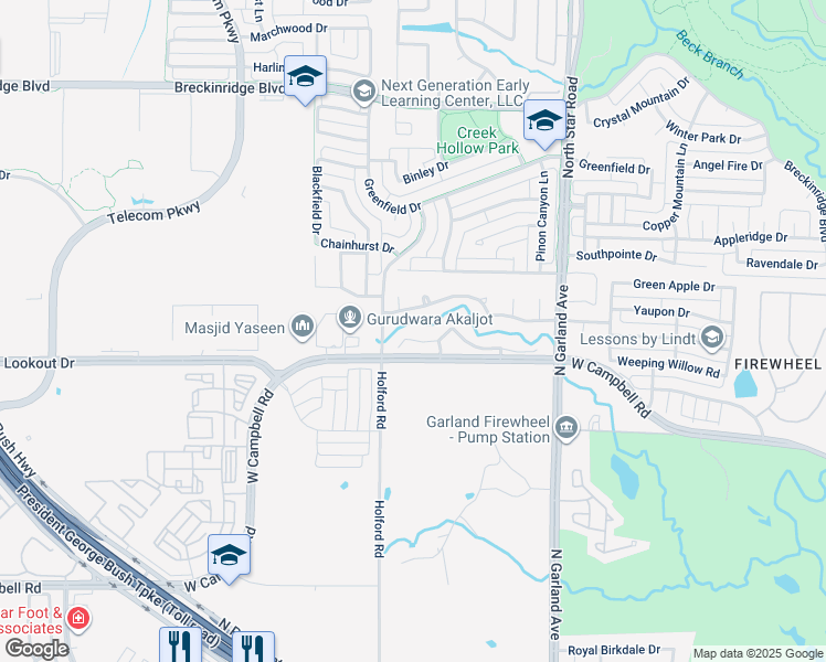 map of restaurants, bars, coffee shops, grocery stores, and more near 1305 Winding Brook Dr in Garland