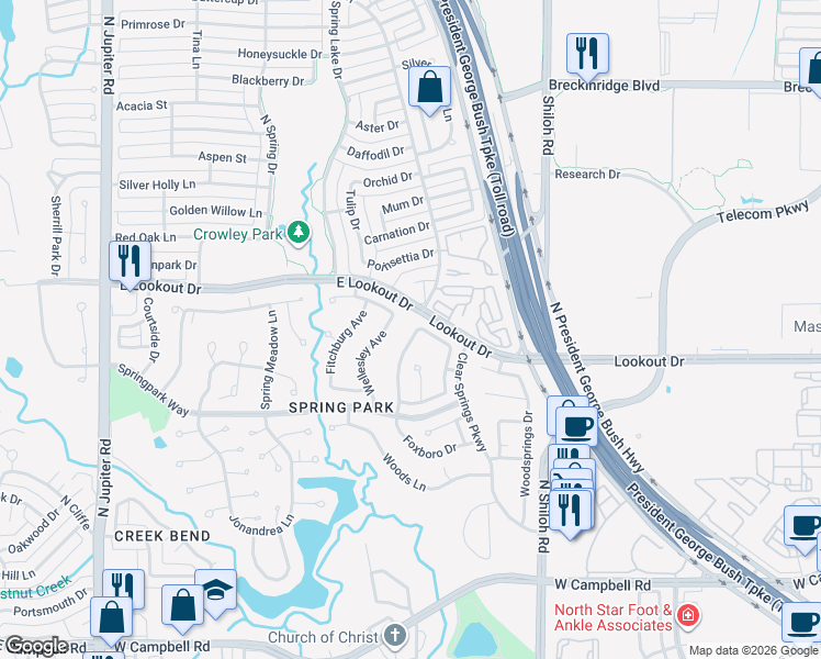map of restaurants, bars, coffee shops, grocery stores, and more near 7533 Vineyard Trail in Garland