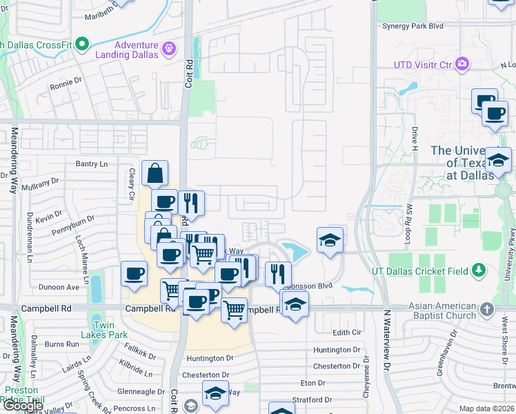 map of restaurants, bars, coffee shops, grocery stores, and more near 8047 Copper Way in Dallas