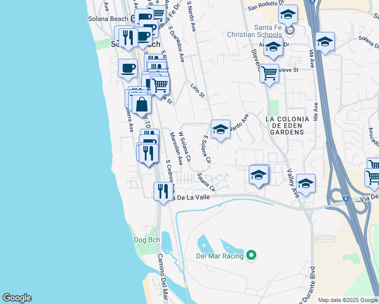 map of restaurants, bars, coffee shops, grocery stores, and more near 730 West Solana Circle in Solana Beach
