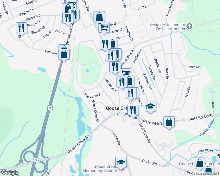 map of restaurants, bars, coffee shops, grocery stores, and more near 107 Marion Avenue in Goose Creek