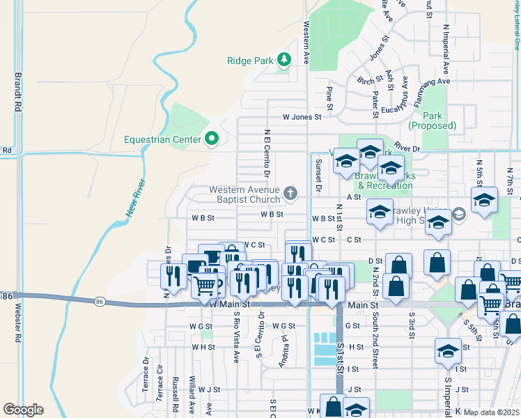 map of restaurants, bars, coffee shops, grocery stores, and more near 331 West B Street in Brawley
