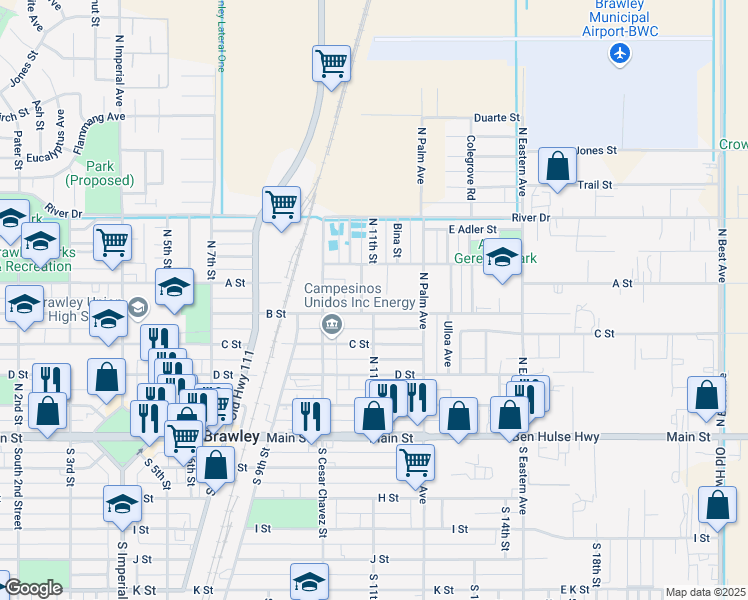 map of restaurants, bars, coffee shops, grocery stores, and more near 1107 B Street in Brawley
