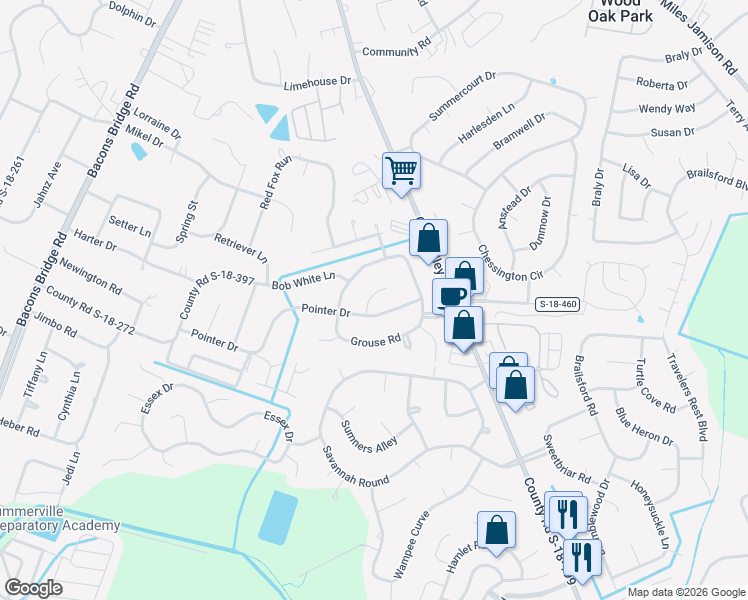 map of restaurants, bars, coffee shops, grocery stores, and more near 102 Gambels Lane in Summerville