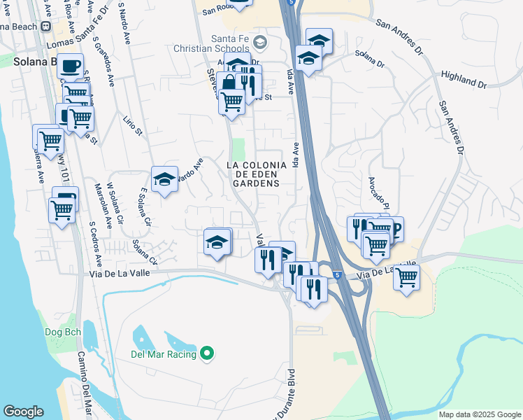 map of restaurants, bars, coffee shops, grocery stores, and more near 854 Valley Avenue in Solana Beach