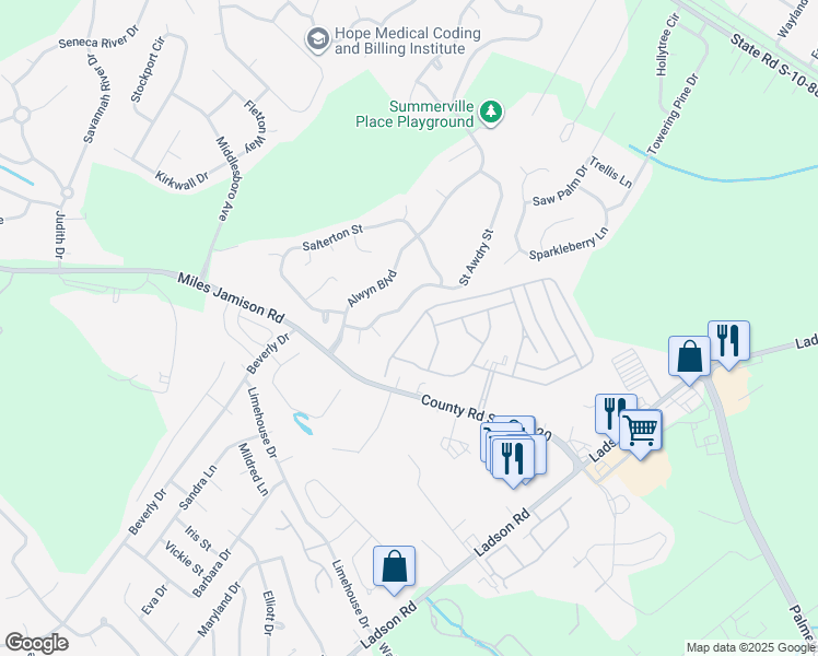 map of restaurants, bars, coffee shops, grocery stores, and more near 268 Rice Circle in Summerville