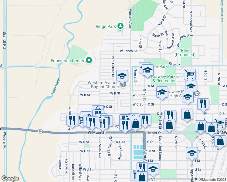 map of restaurants, bars, coffee shops, grocery stores, and more near 331 West B Street in Brawley