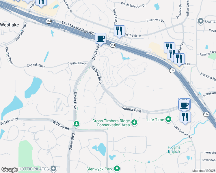 map of restaurants, bars, coffee shops, grocery stores, and more near 76 Cortes Drive in Westlake