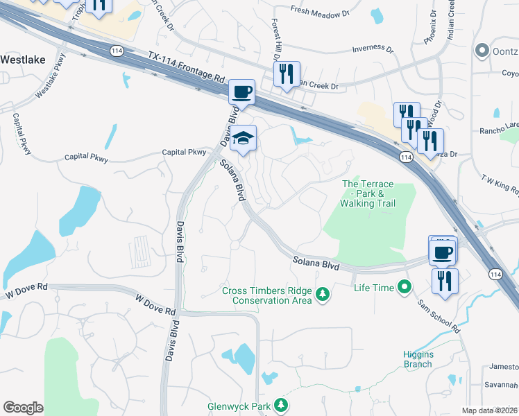 map of restaurants, bars, coffee shops, grocery stores, and more near 76 Cortes Drive in Westlake