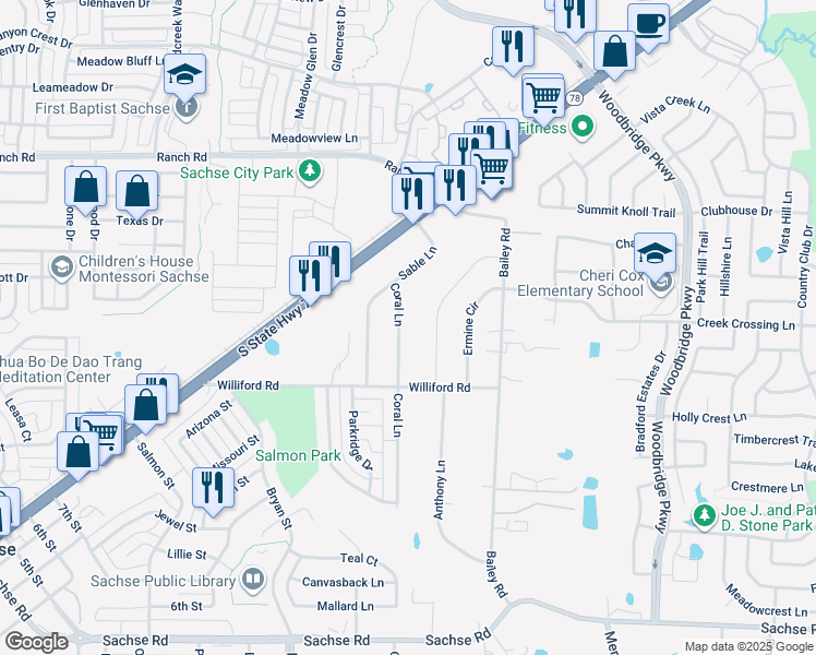map of restaurants, bars, coffee shops, grocery stores, and more near 6902 Coral Lane in Sachse