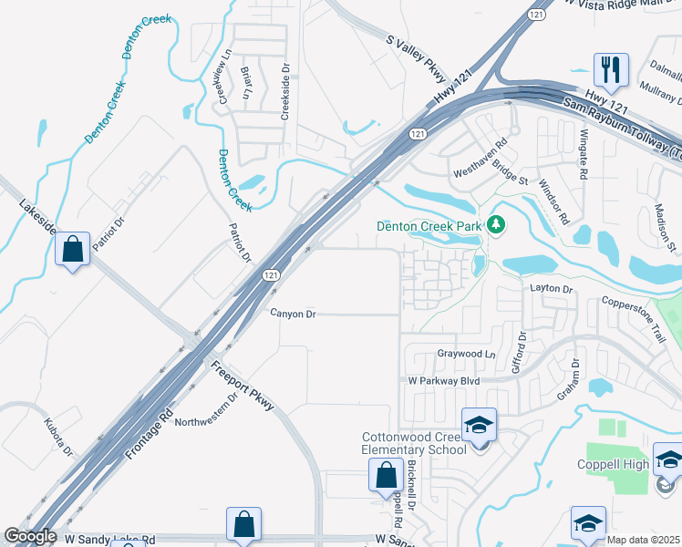 map of restaurants, bars, coffee shops, grocery stores, and more near 750 Canyon Drive in Coppell