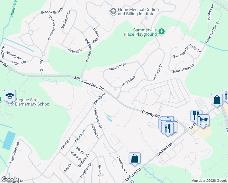 map of restaurants, bars, coffee shops, grocery stores, and more near 104 Saint Benets Place in Summerville