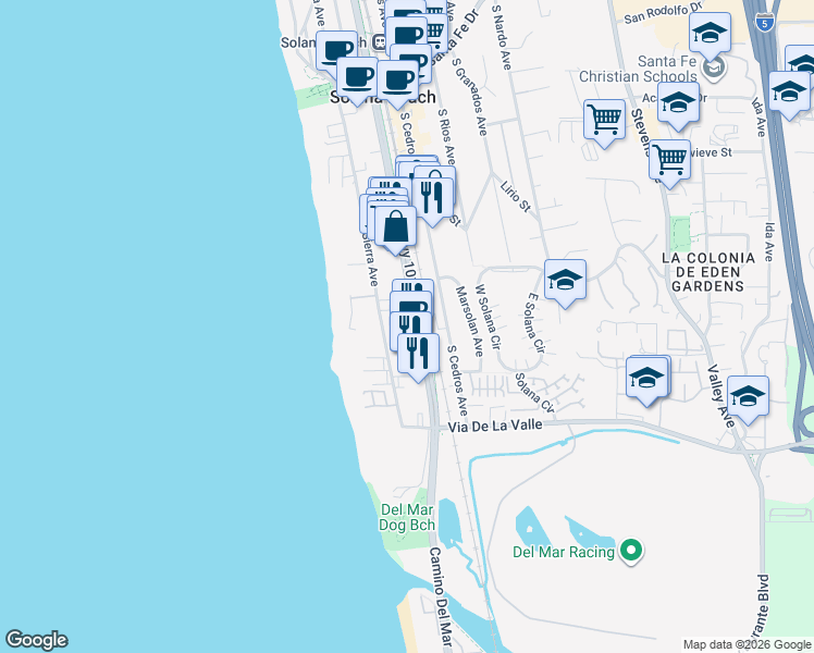 map of restaurants, bars, coffee shops, grocery stores, and more near 635 Highway 101 in Solana Beach